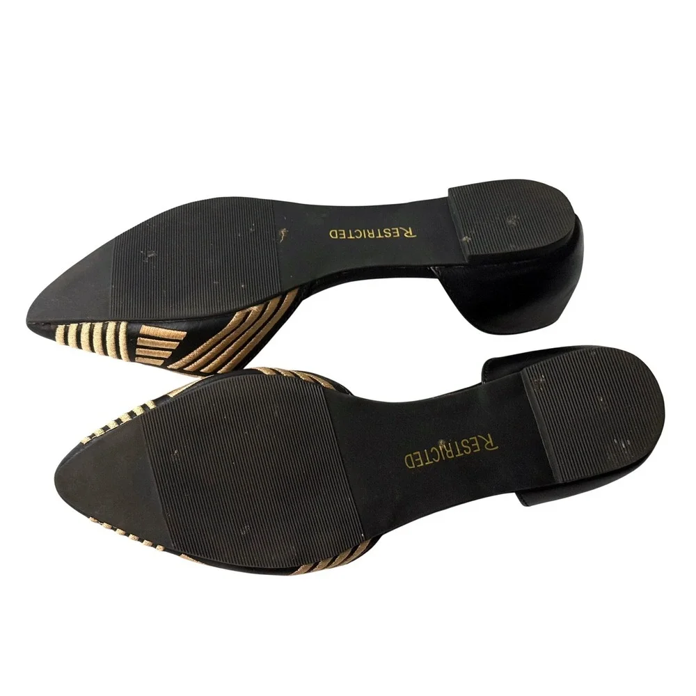 Restricted Womens Black Gold Geometric Embroidered Pointed Toe dOrsay Flats Sz 8